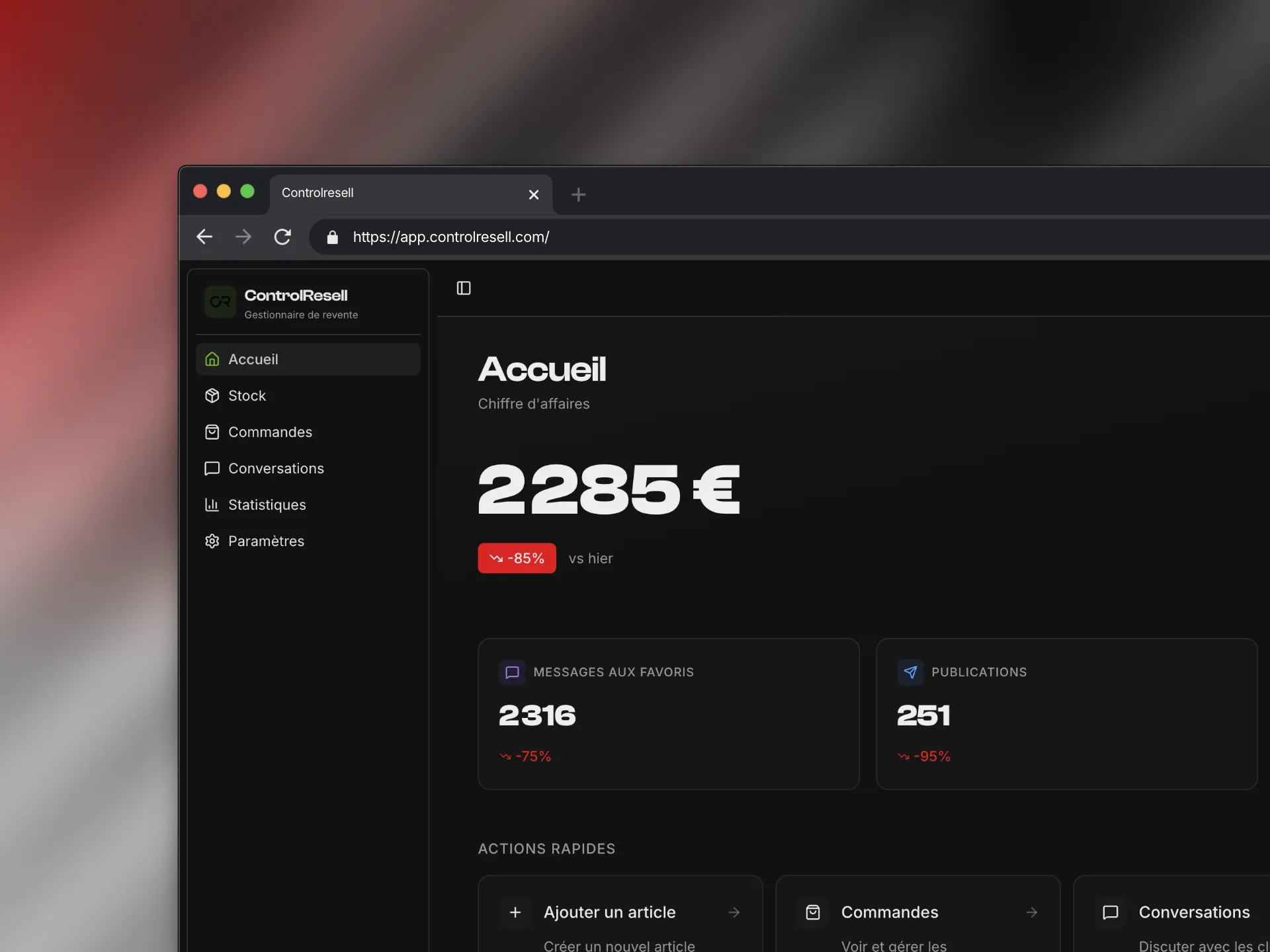 ControlResell, interface web