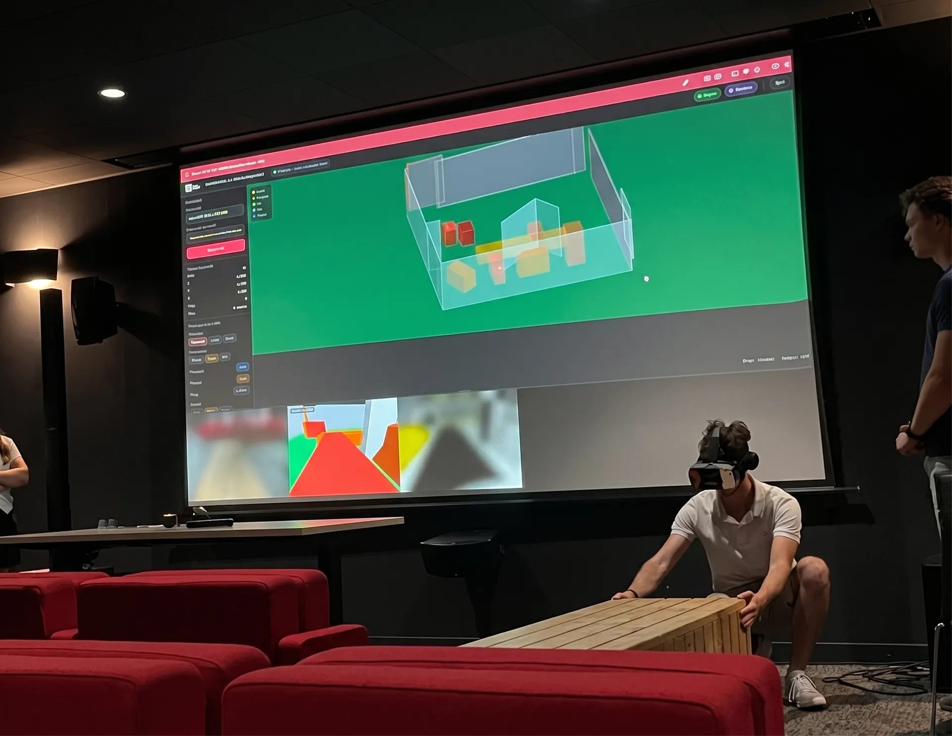 Démonstration d'Éos : le prototype porté en salle, la scène 3D projetée à l'écran